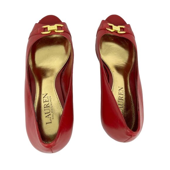 Ralph Lauren Wedges Paula Cherry Red 7.5B Leather Open Toe - Picture 6 of 11